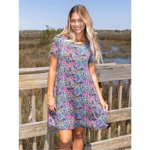 Natural Life Devon Buttersoft Short Sleeve Mini Dress Floral Boho Flowy Size M